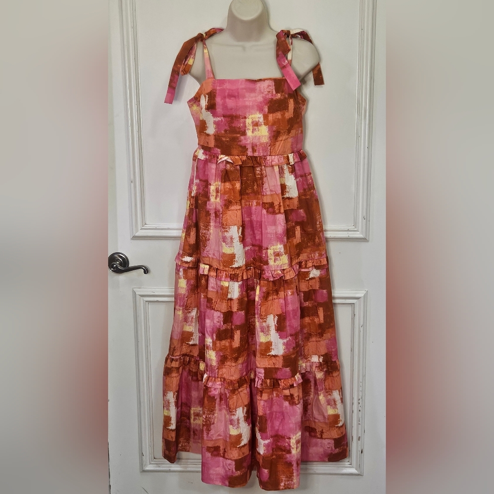 Peach Love California Pink/ Brown MultiColor Strappy Tiered Maxi Dress,Large,NWT